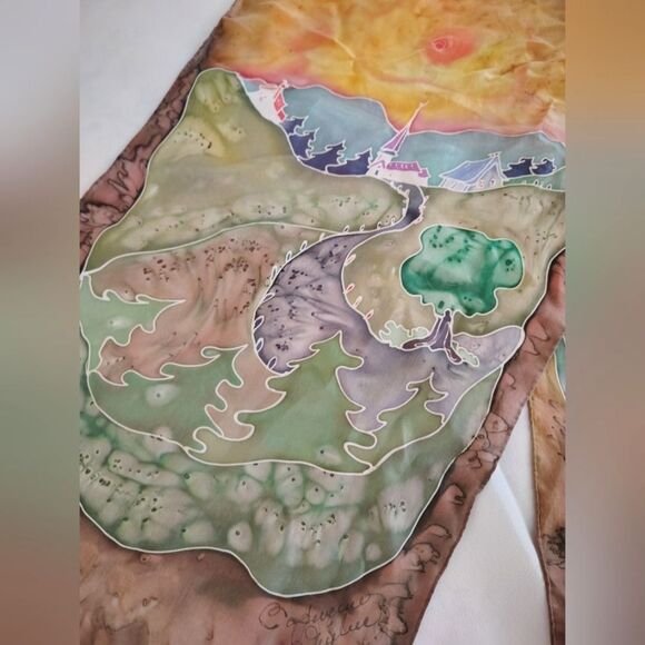 Vintage Handmade 💯 Long Silk Scarf Artisan Landscape - Picture 7 of 14